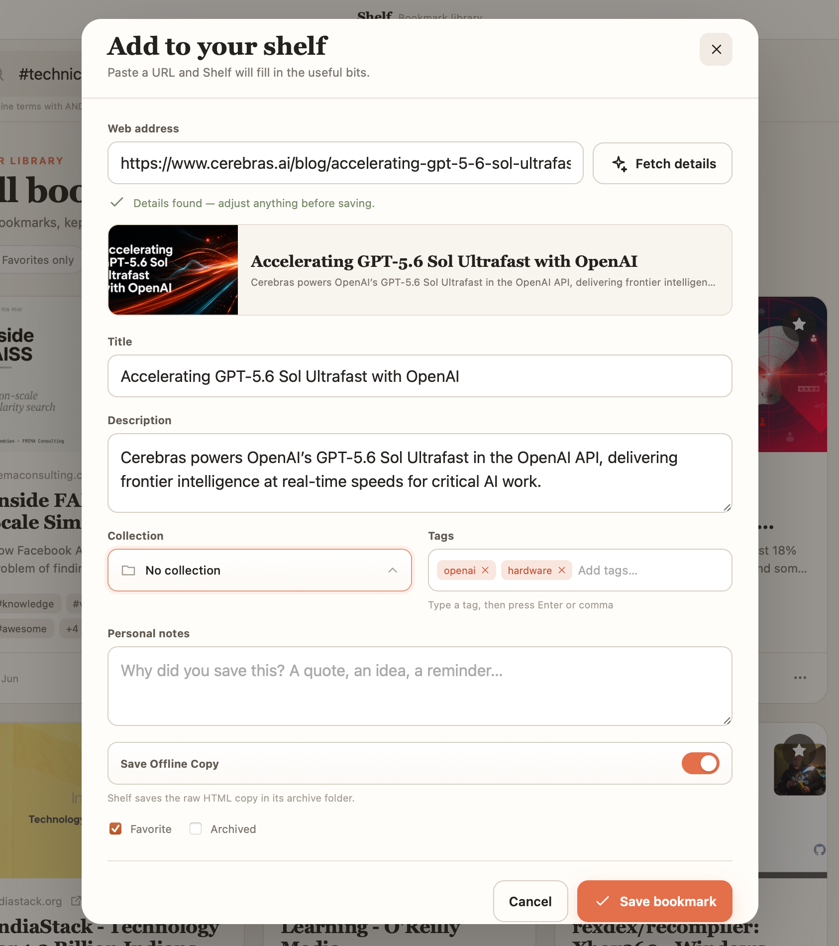Add bookmark dialog with rich details and organization options