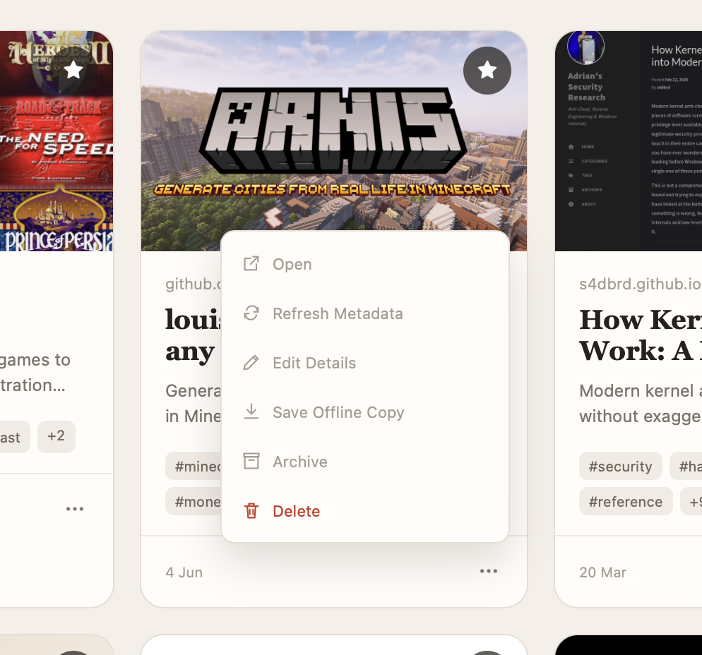 Bookmark actions menu in Shelf