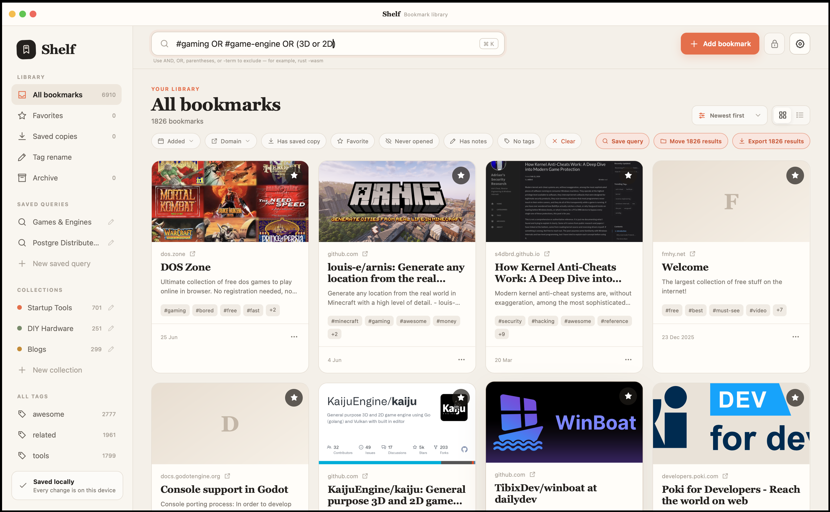 Shelf displaying a colourful bookmark library in grid view