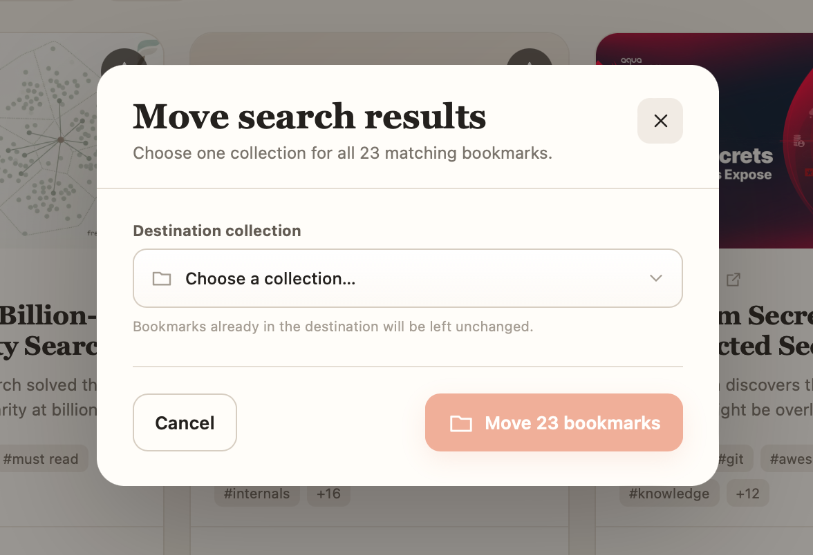 Dialog for moving search results to a collection