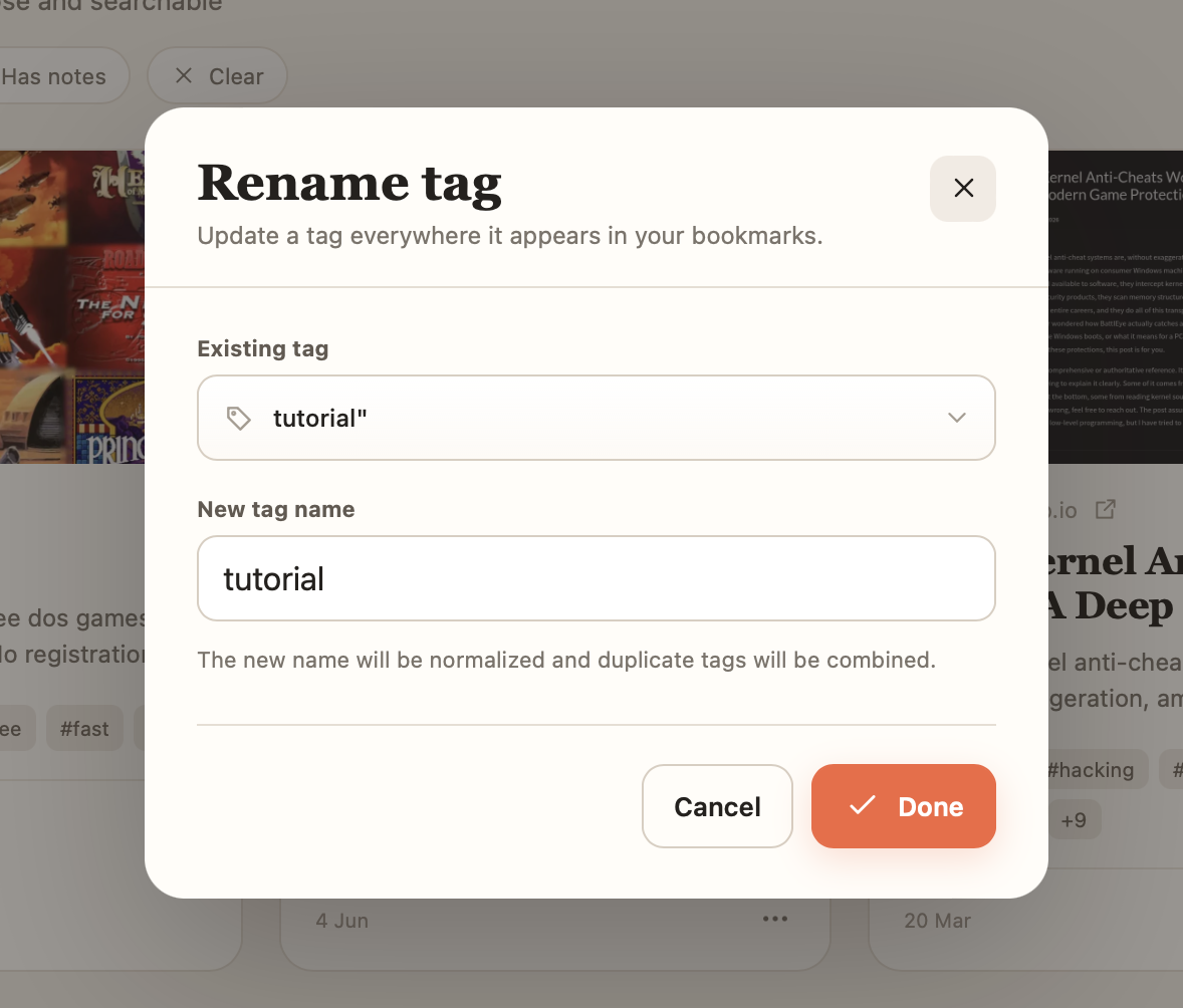 Dialog for renaming a tag everywhere