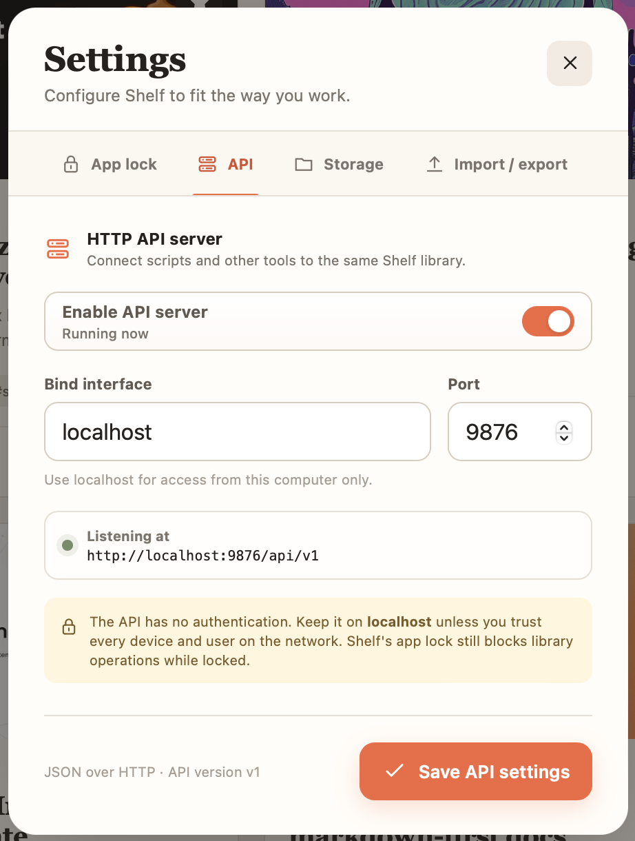 Shelf local API server settings