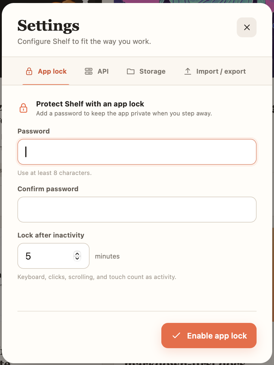 Shelf app lock settings