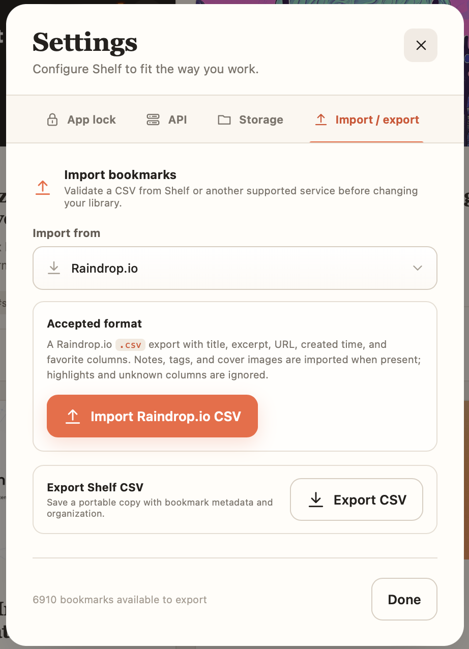 Shelf import and export settings